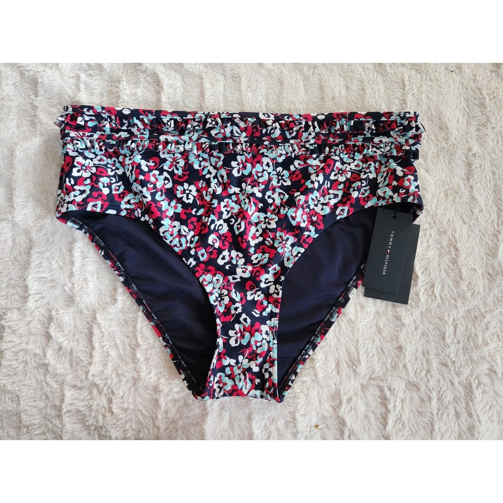 Tommy Hilfiger Women's Large Bikini Bottom High‎ Waist Blue Red Floral Ruffle